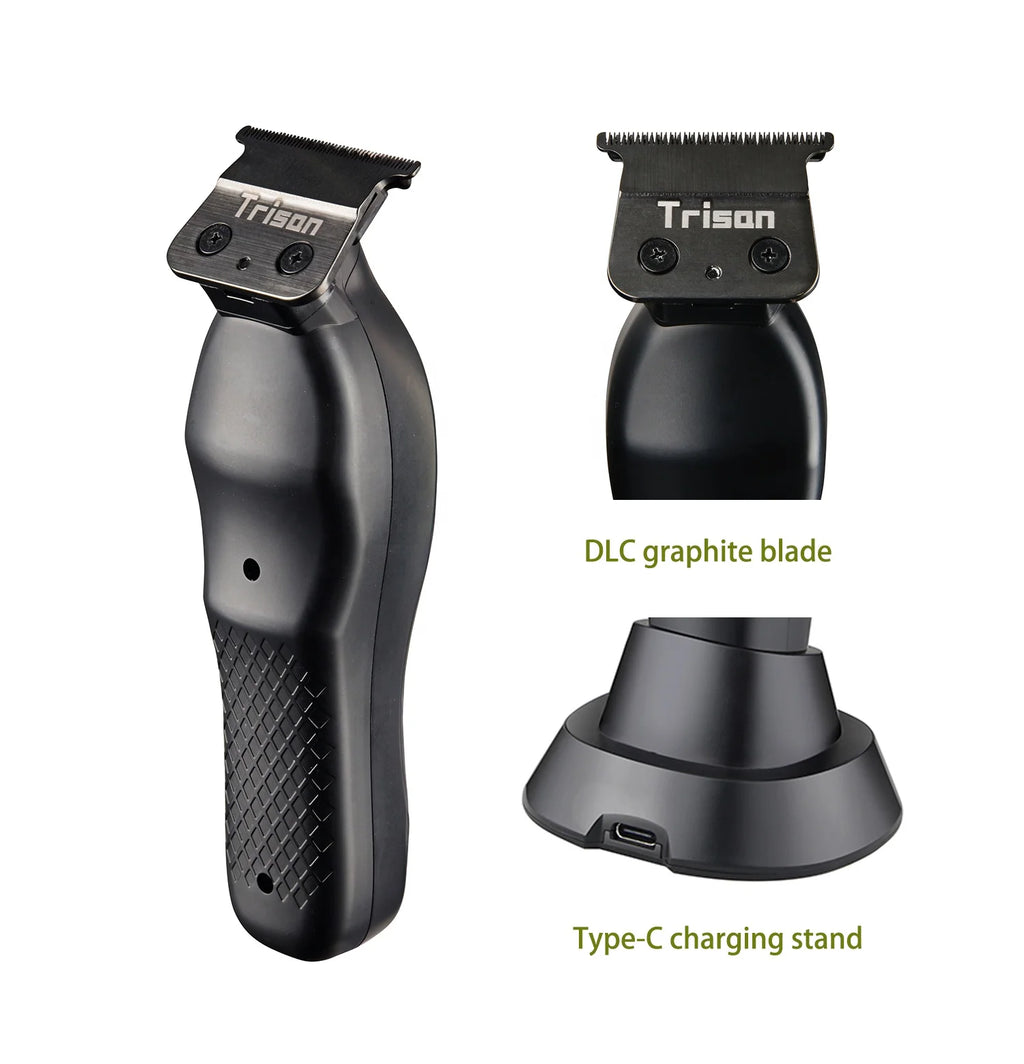 Matte black cordless hair trimmer with a DLC graphite T-blade and a matching Type-C charging stand.
