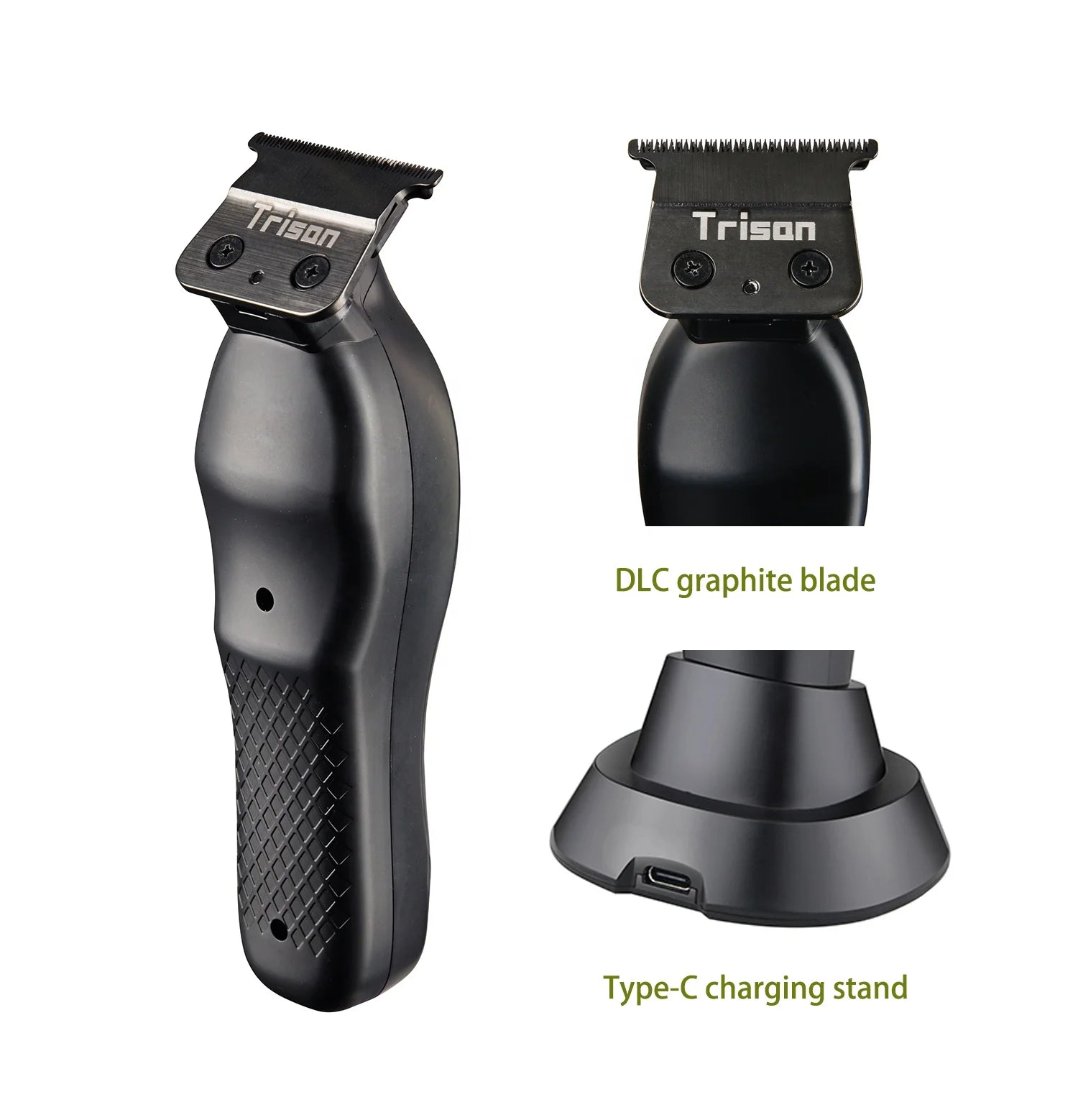 Matte black cordless hair trimmer with a DLC graphite T-blade and a matching Type-C charging stand.