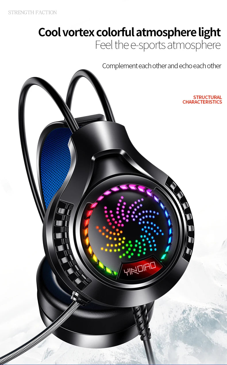 Black gaming headset with a blue inner headband, microphone, and vibrant RGB vortex light display on the ear cup.