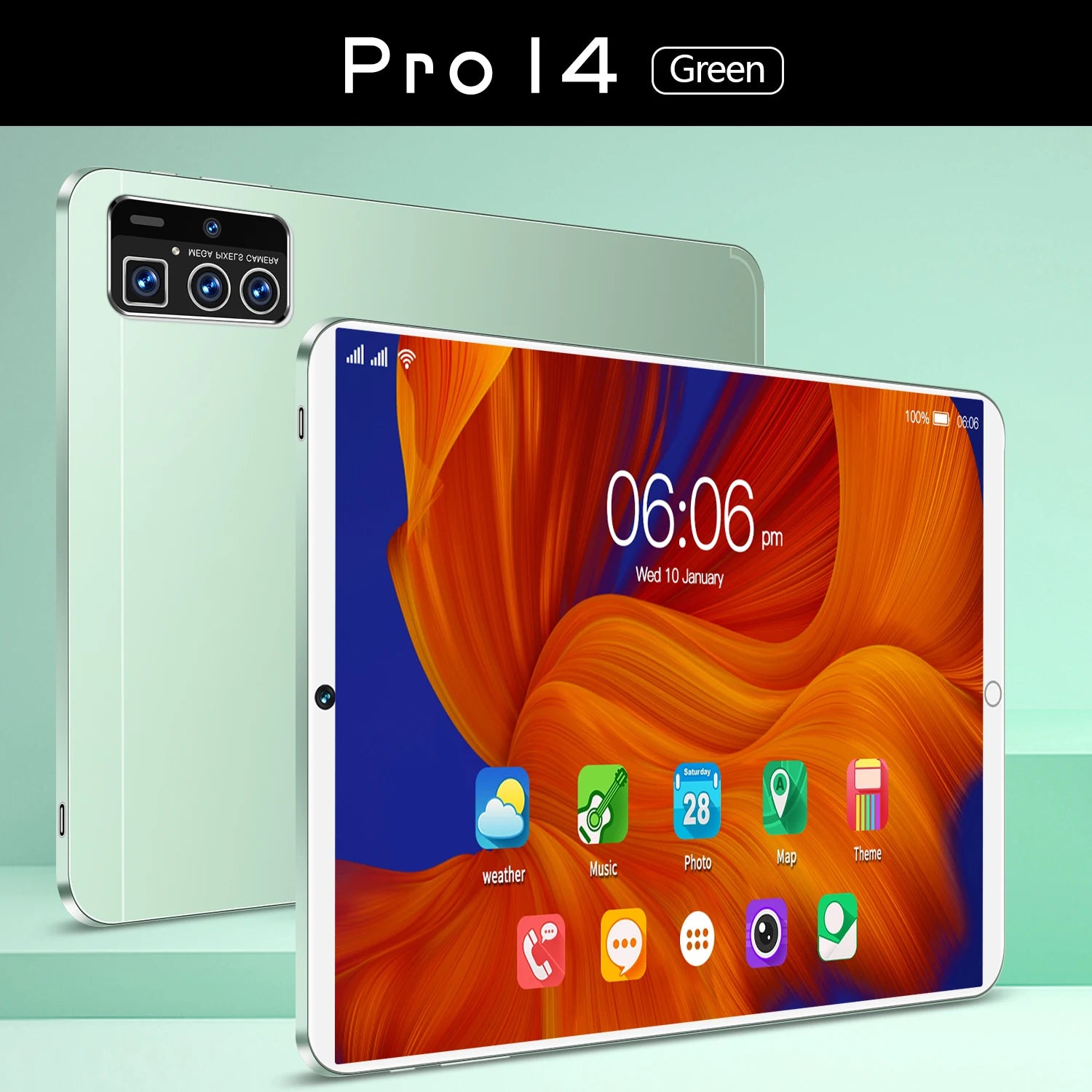 A sleek 12-inch green tablet showing its front screen with colourful icons and its triple-lens rear camera system.