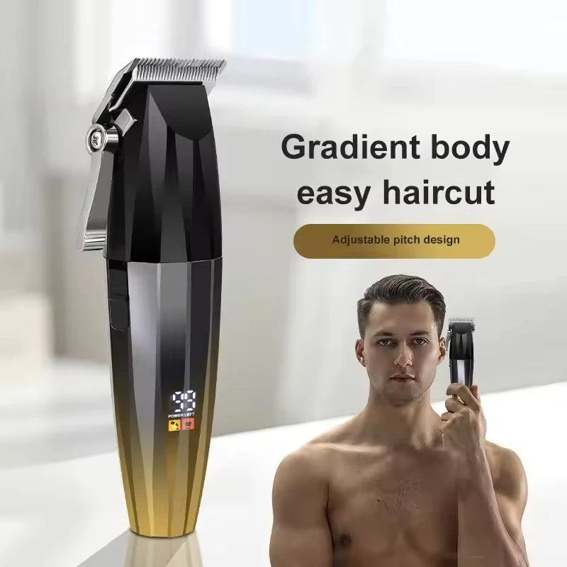 Cordless hair and beard trimmer with a black-to-gold gradient finish, T-blade, and digital battery display.
