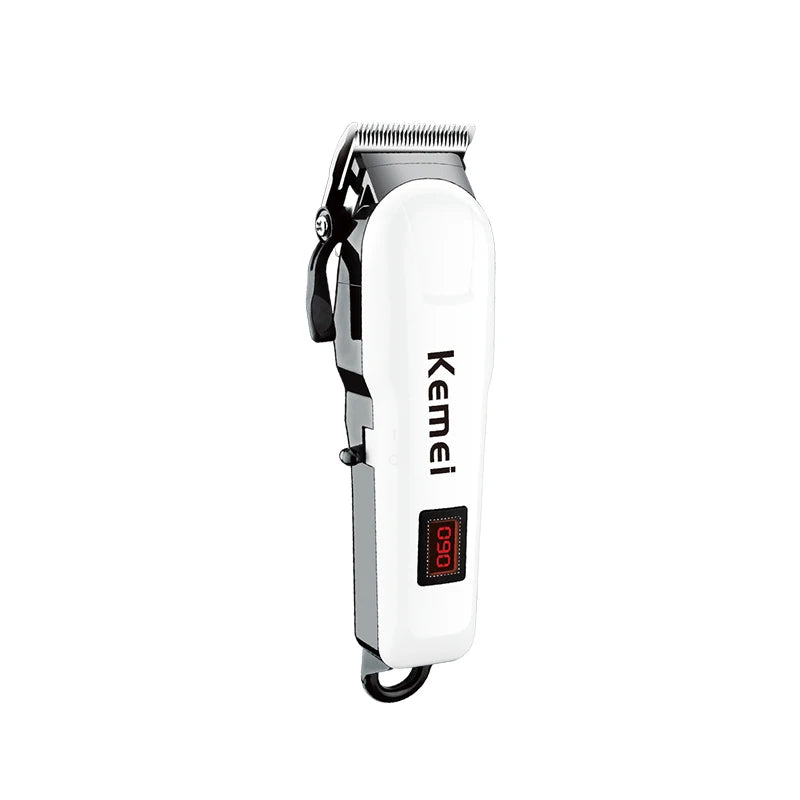 White cordless hair clipper with a stainless steel blade, side adjustment lever, and digital battery display.