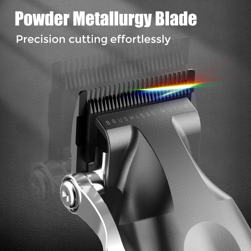 Close-up of a sleek, matte grey professional hair clipper head with a high-precision powder metallurgy blade.