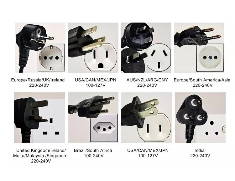 Professional salon hair dryer showing eight different international plug types and socket compatibility.