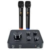 Two black wireless microphones with a matching compact audio mixer featuring rotary volume and tone controls.