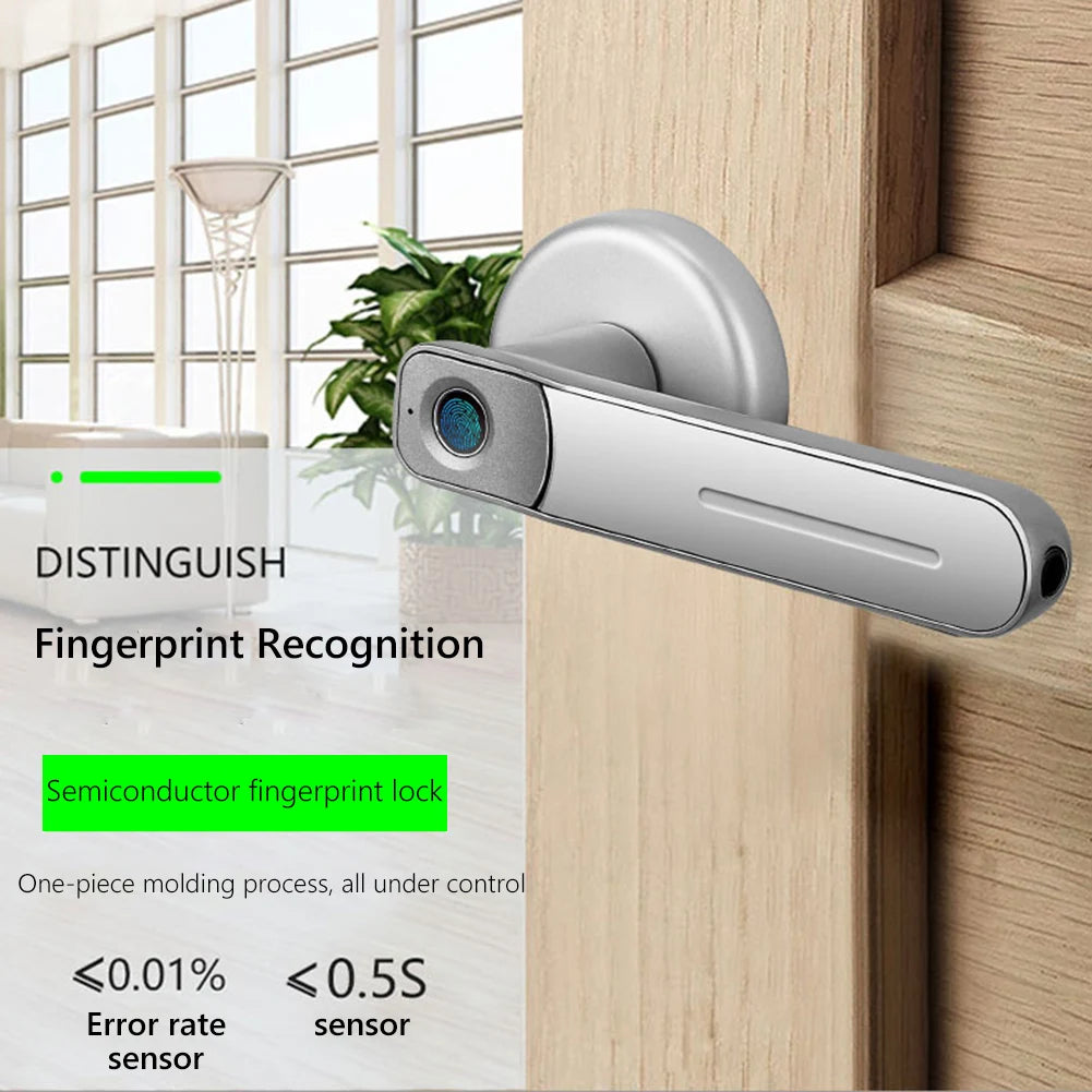 Silver-colored metal door handle with an integrated semiconductor fingerprint scanner installed on a wooden door.