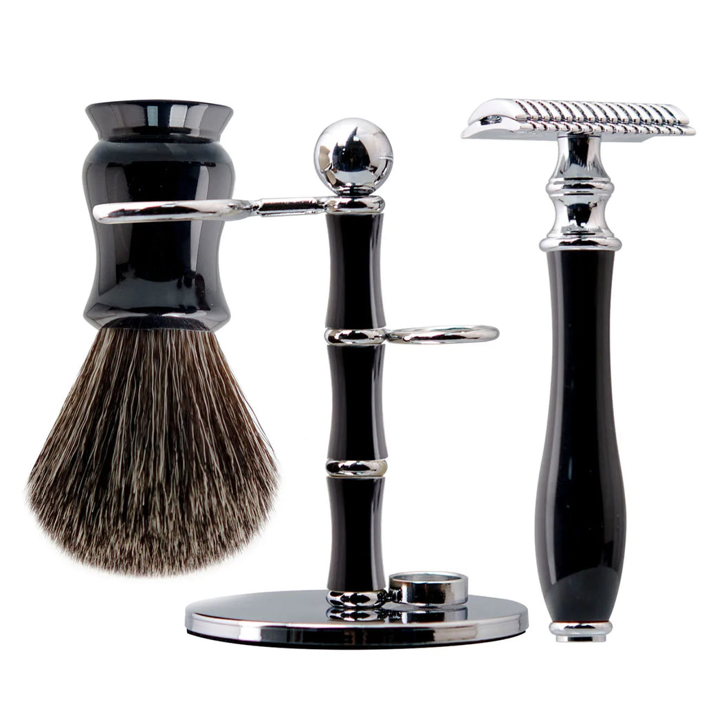 Luxury shaving set with a black synthetic badger brush, safety razor and a polished chrome stand.