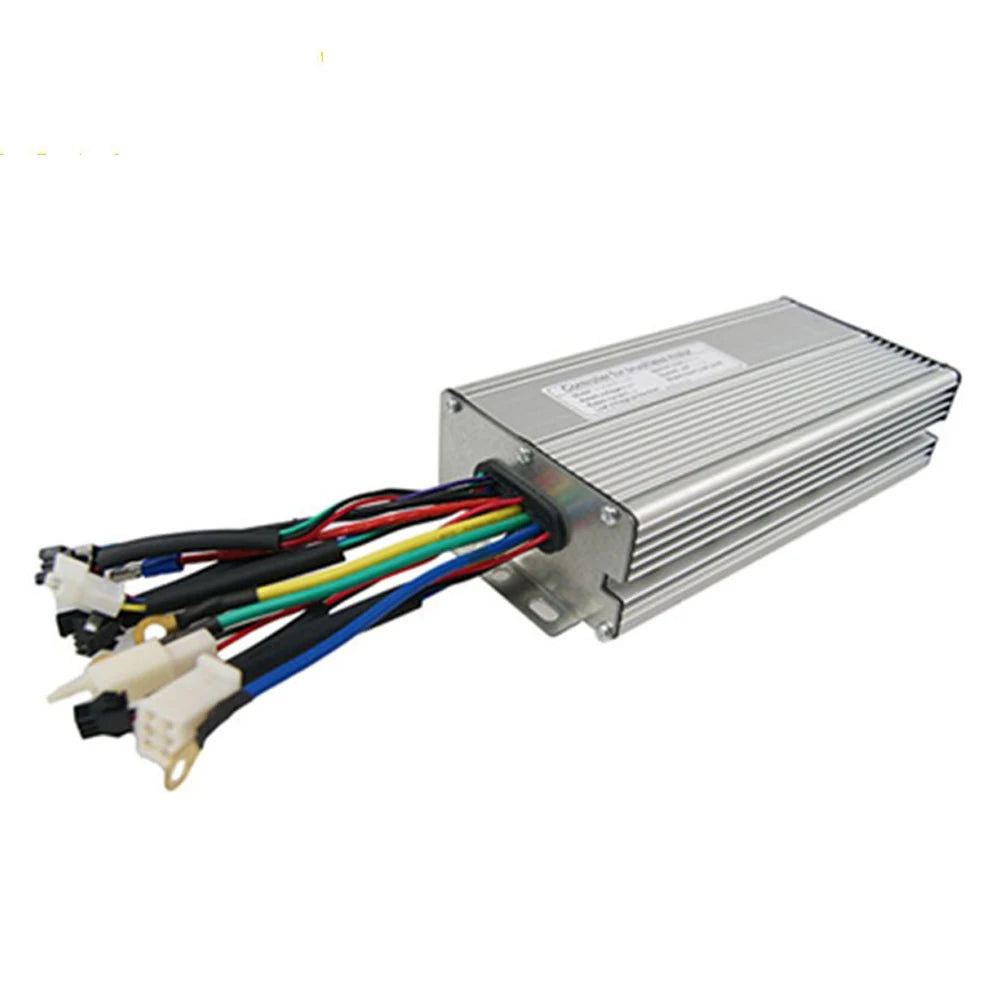Silver brushed motor controller in a ribbed aluminium housing with a multi-coloured wiring harness and white connectors.