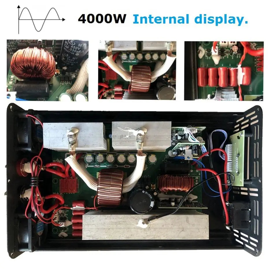 Internal view of a 4000W power inverter, showing copper coils, circuit boards, heat sinks and wiring components.