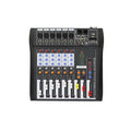 Black 6-channel professional DJ mixer with colourful rotary knobs, sliding faders, and top-mounted input ports.