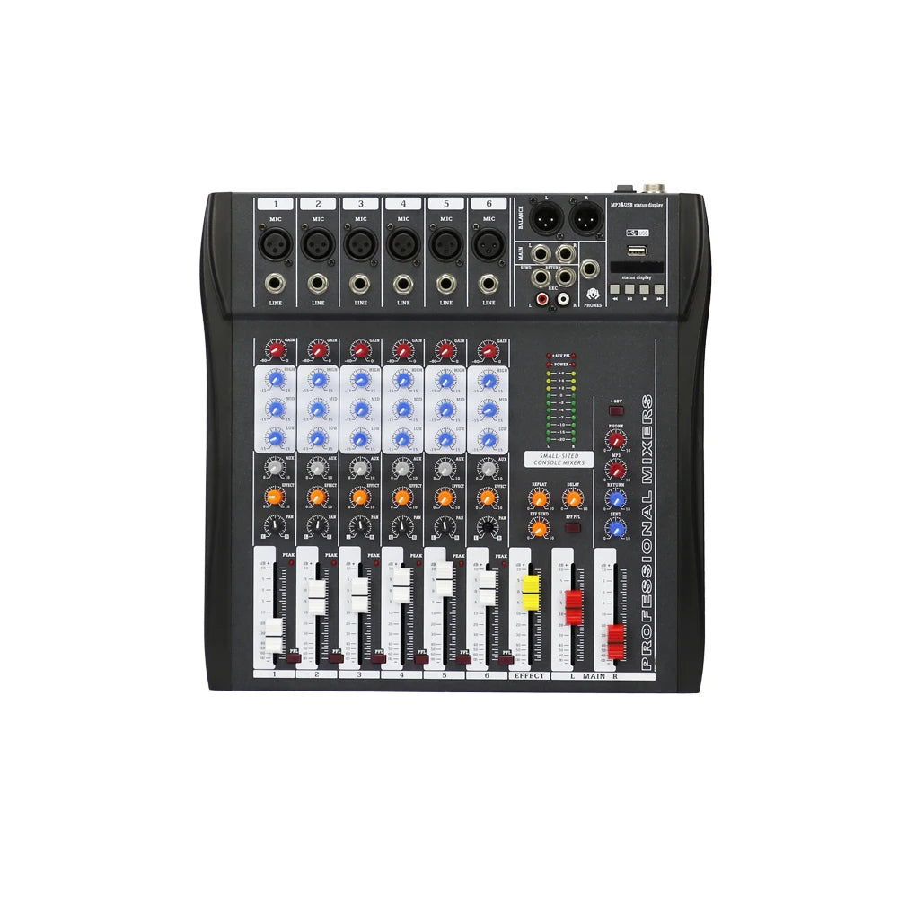 Black 6-channel professional DJ mixer with colourful rotary knobs, sliding faders, and top-mounted input ports.