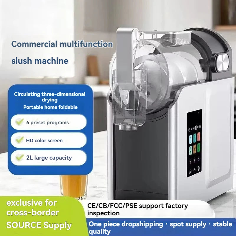 Silver and black commercial slush machine with a clear 2L mixing chamber and a digital touchscreen control panel.