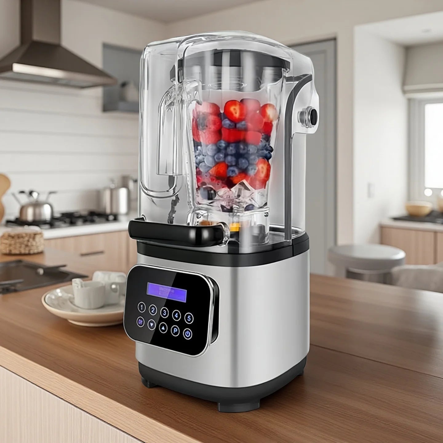 Silver and black commercial blender with a clear sound-dampening cover, containing strawberries and blueberries.