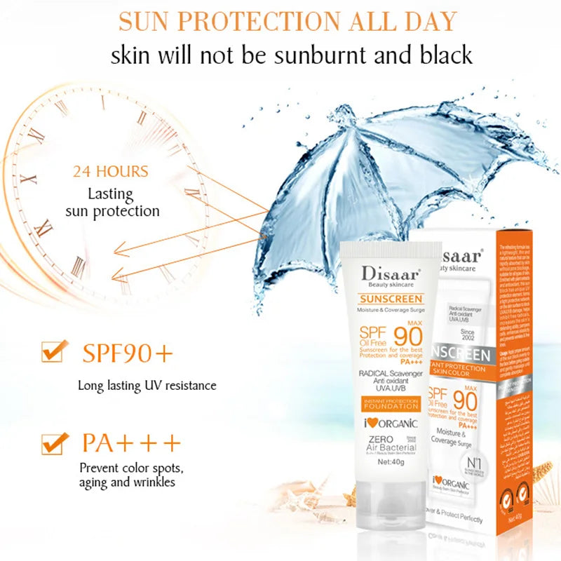 White tube of SPF 90 facial sunscreen with orange packaging, offering 24-hour oil-free UVA/UVB protection.