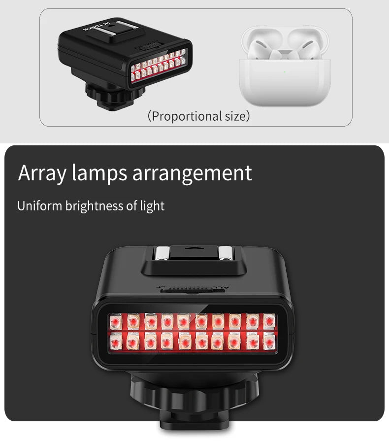 Black plastic compact LED array light with hot shoe mount, showing dual rows of lights compared to wireless earbuds.