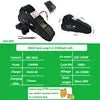 Black triangular electric bike lithium-ion battery pack with power cables and technical specification chart.