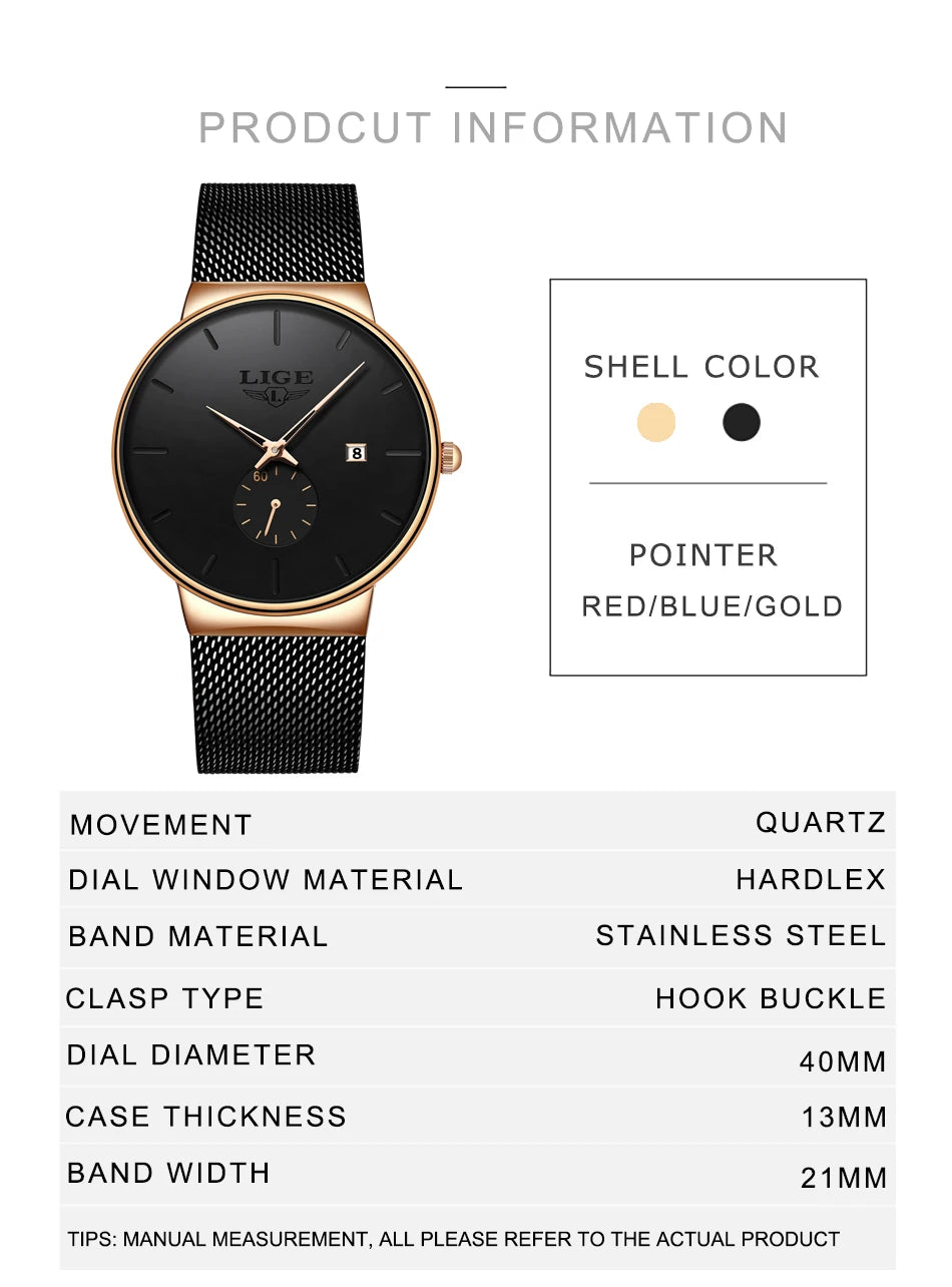 Ultra-thin women's quartz watch with a black face, gold bezel, and elegant black stainless steel mesh strap.