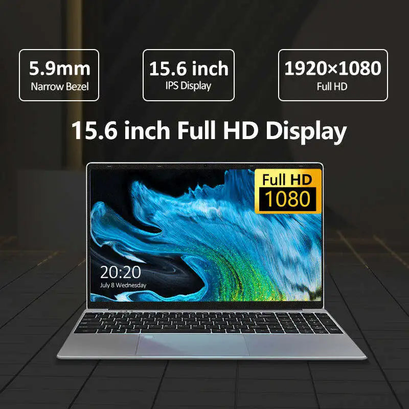 Sleek silver laptop with a 15.6-inch Full HD narrow-bezel display and a black keyboard.