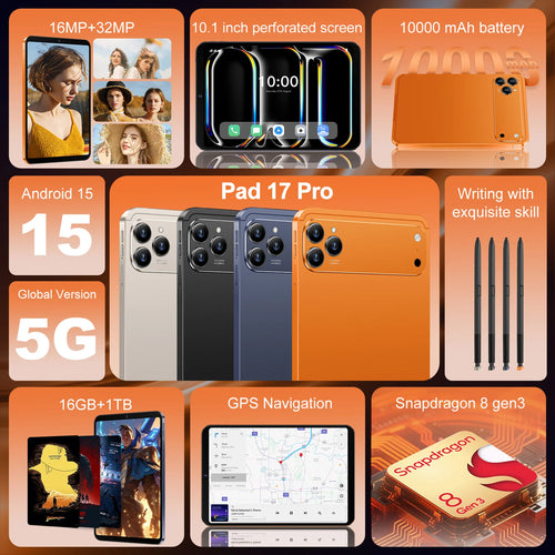 10.1-inch Android 15 tablet in silver, black, blue, and orange. Features a stylus, triple camera, and 1TB storage.