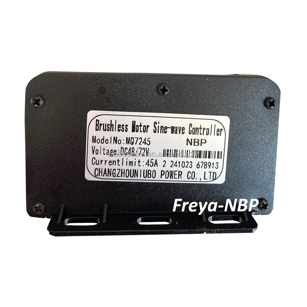 Black brushless electric bike sine-wave controller unit with mounting bracket and technical specifications label.