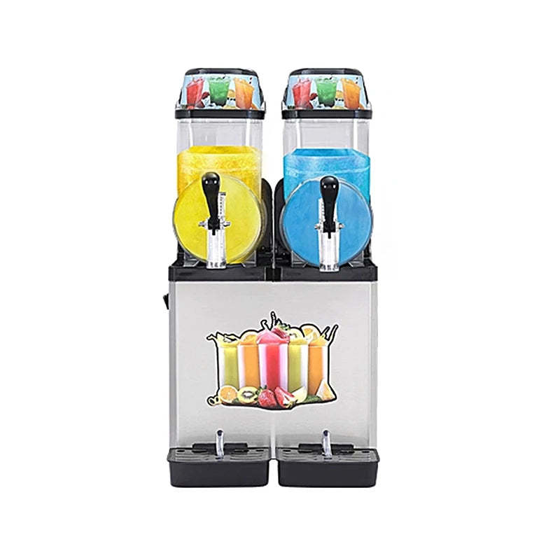 Double-bowl commercial slush machine with clear tanks, stainless steel base and fruit graphic.