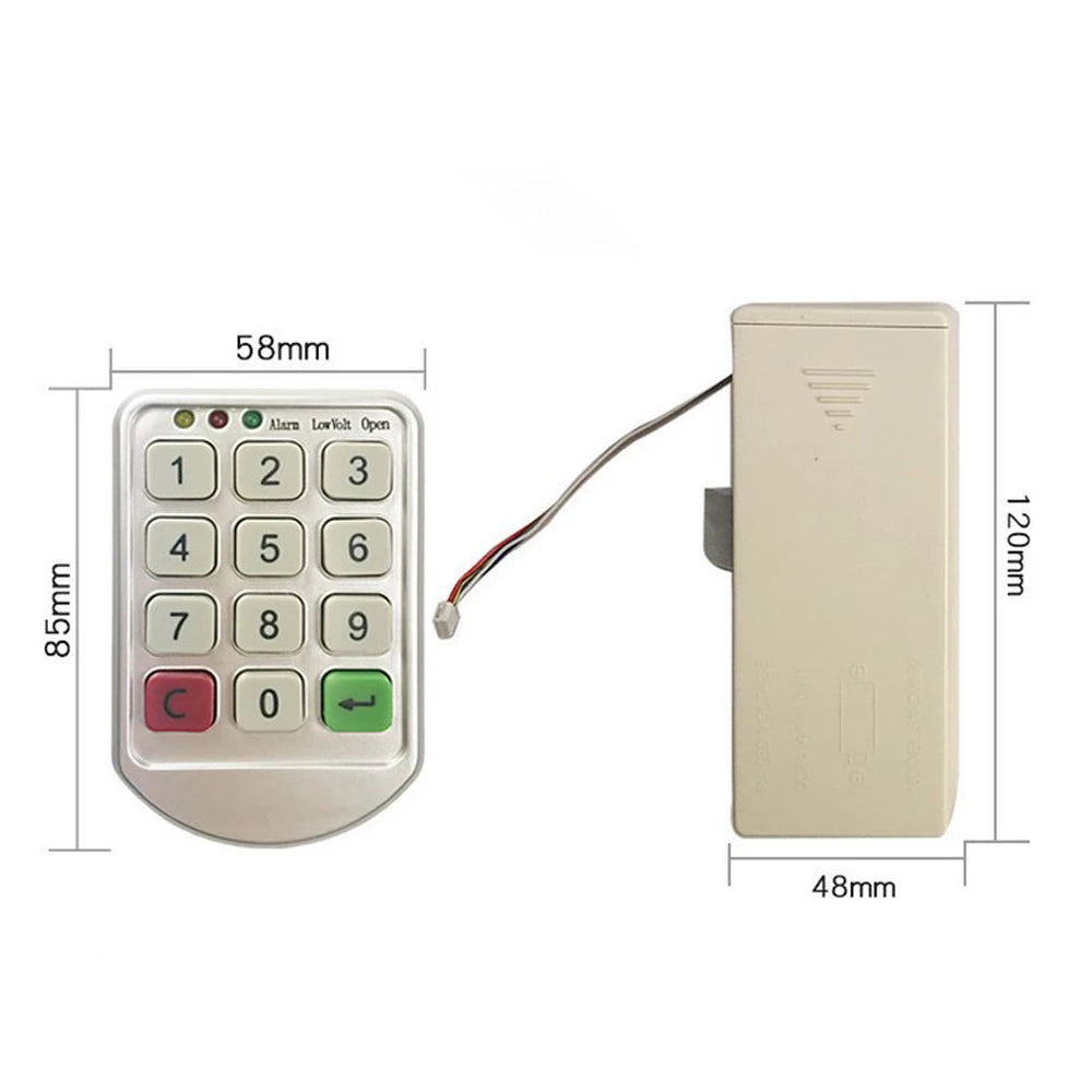 Silver plastic digital keypad and beige battery pack with wiring, showing product dimensions in millimeters.