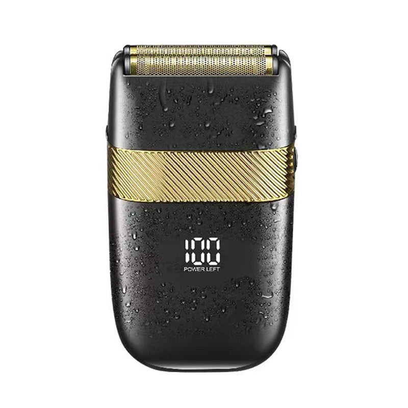 Black and gold professional electric foil shaver with a digital battery display, featuring a sleek, water-resistant look.