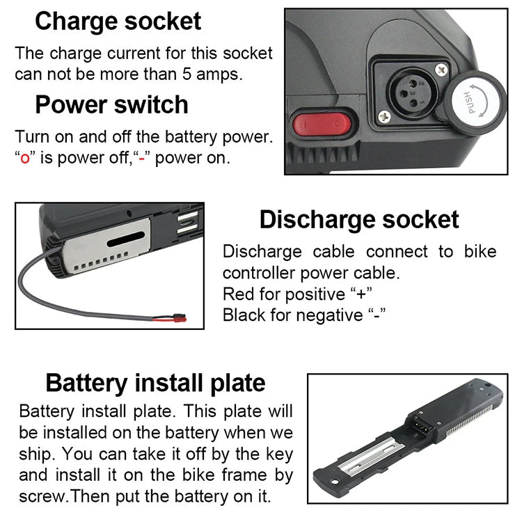 Black e-bike battery showing charge socket, power switch, discharge cable, and detachable mounting plate.
