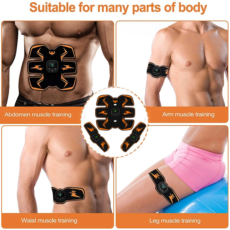 Black and orange EMS muscle stimulator patches with digital control units worn on abdomen, arm, waist, and leg.