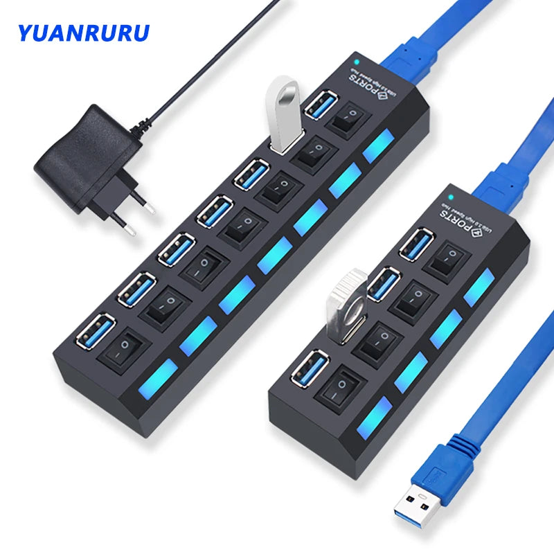 Black USB 3.0 multi-port hub with individual power switches, blue LED indicators, and a UK mains power adapter.
