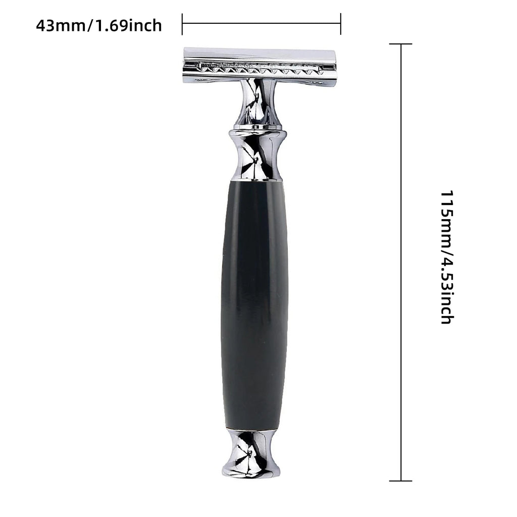 Classic safety razor with a shiny chrome head and a sleek, black tapered handle against a plain white background.
