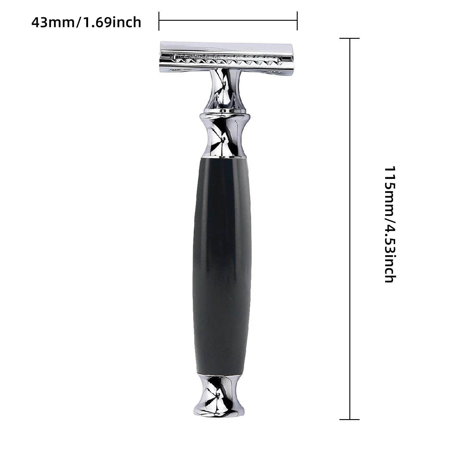 Classic safety razor with a shiny chrome head and a sleek, black tapered handle against a plain white background.