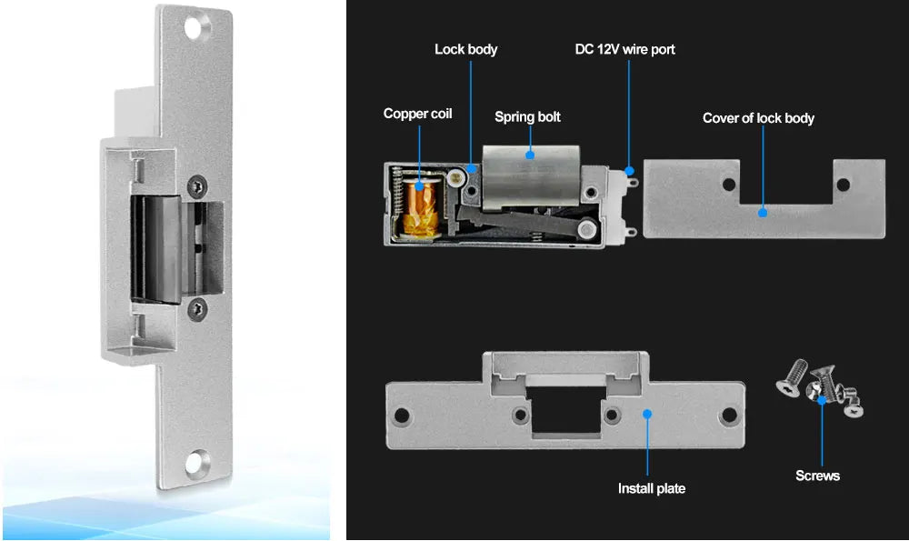 Silver metal electric strike door lock with copper coil, 12V wire port, spring bolt, install plate, and screws.