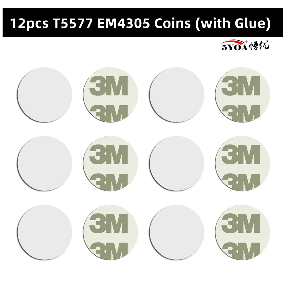 Twelve white circular T5577 EM4305 RFID coin tags with adhesive 3M backing.