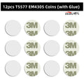 Twelve white circular T5577 EM4305 RFID coin tags with adhesive 3M backing.