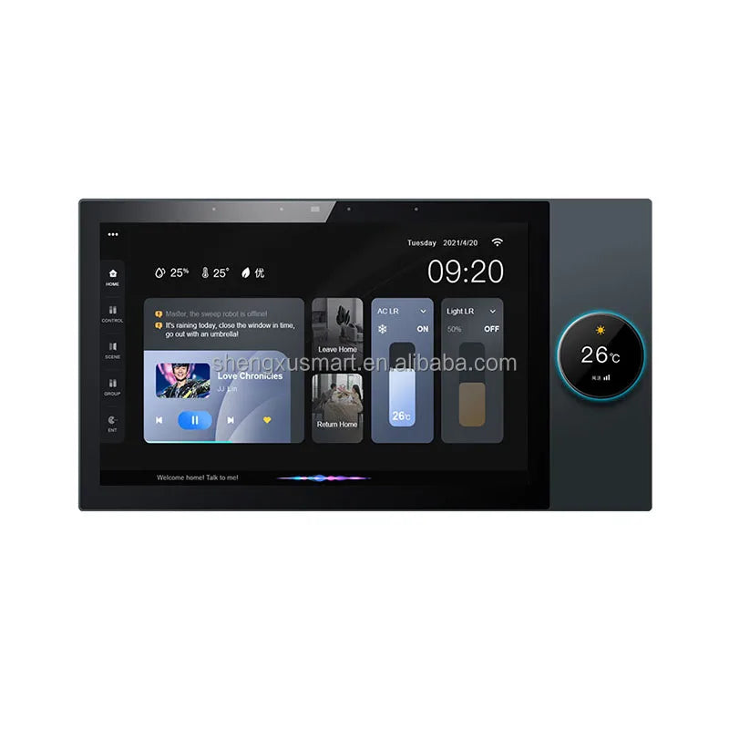 10-inch black smart home touch panel displaying music, climate, and lighting controls with a circular temperature dial.