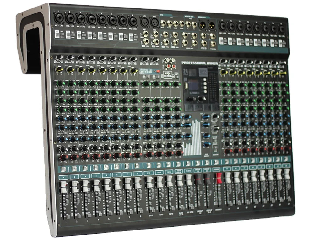 Black 24-channel digital audio mixer with numerous rotary control knobs, input ports, and slider faders.