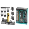 5-in-1 rechargeable grooming kit featuring a gold hair trimmer, multiple attachments, and a charging stand.