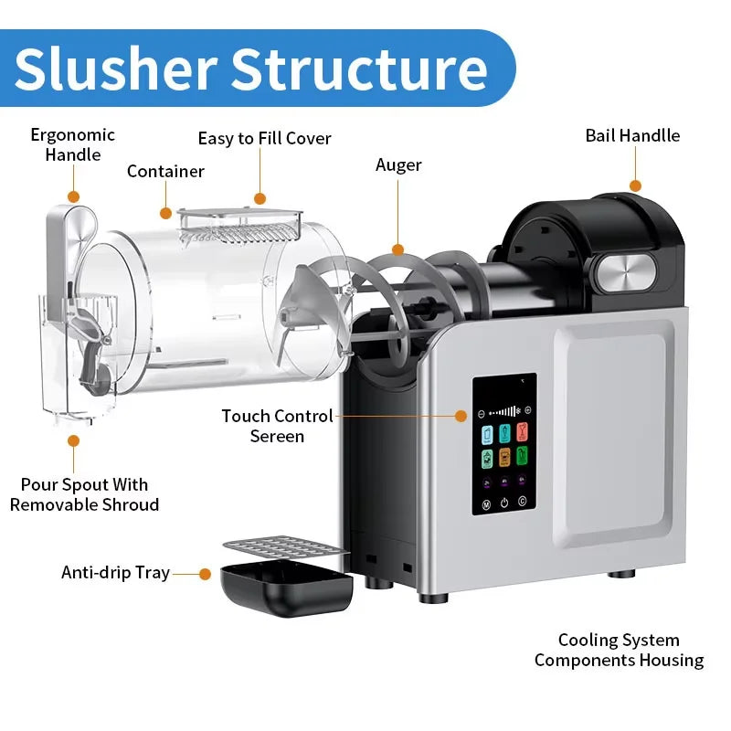 Exploded view of a silver and black slushy machine showing components like the container, auger, and touch screen.