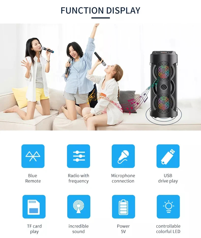 Black portable Bluetooth speaker with colourful LED lights, shown in a karaoke setting with feature icons below.