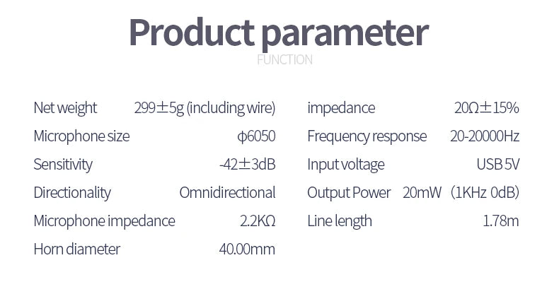 Table showing technical specifications for an RGB gaming headset, including weight, microphone sensitivity and audio range.