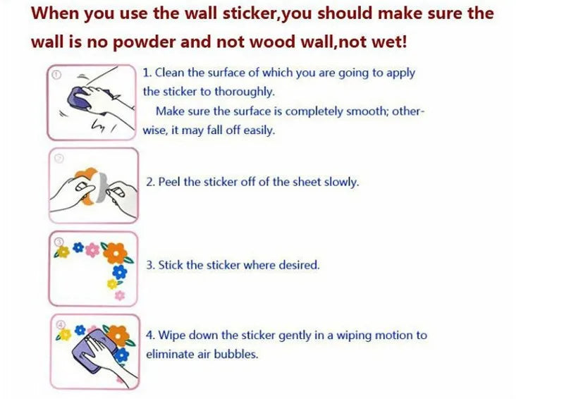 Four-step guide on how to apply floral self-adhesive wall stickers to a smooth, clean, dry surface.