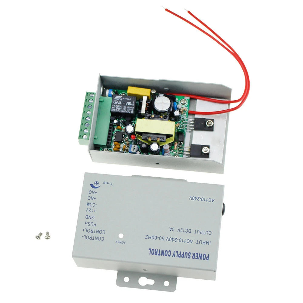 Metal 12V 3A access control power supply unit with circuit board, terminal block, and red wires.