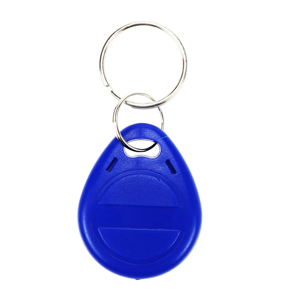 Blue teardrop-shaped plastic RFID key fob with a metal key ring, isolated on a white background.