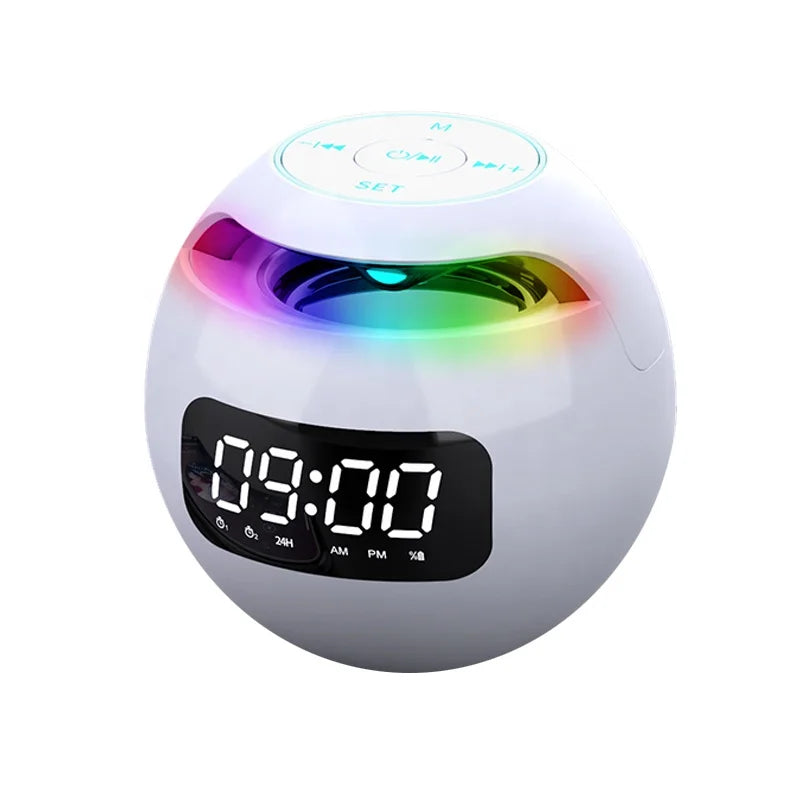 White spherical portable Bluetooth speaker with an LED alarm clock display and colourful light ring on top.