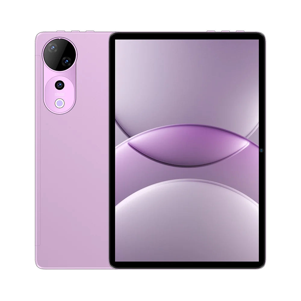 Slim 11-inch Android tablet in light purple with a sleek modern design, featuring a dual-lens rear camera system.