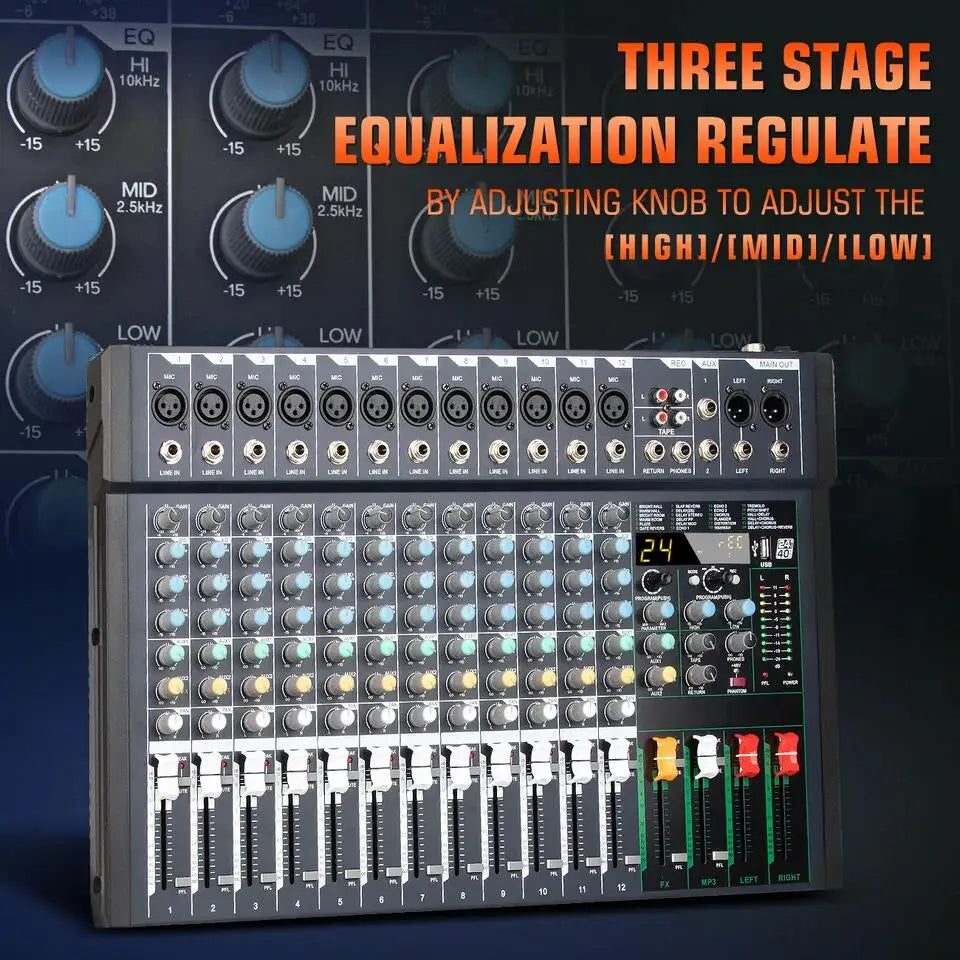 Black 12-channel audio mixer with colourful control knobs, faders, digital display and 24 built-in reverb effects.