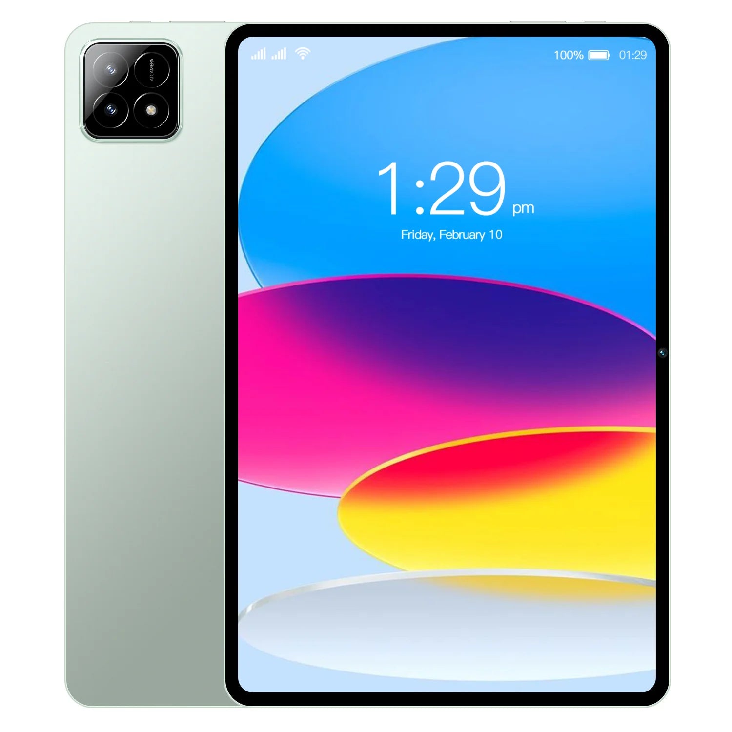 Slim, light green 10.1-inch tablet with a triple-lens rear camera and vibrant, colourful home screen.