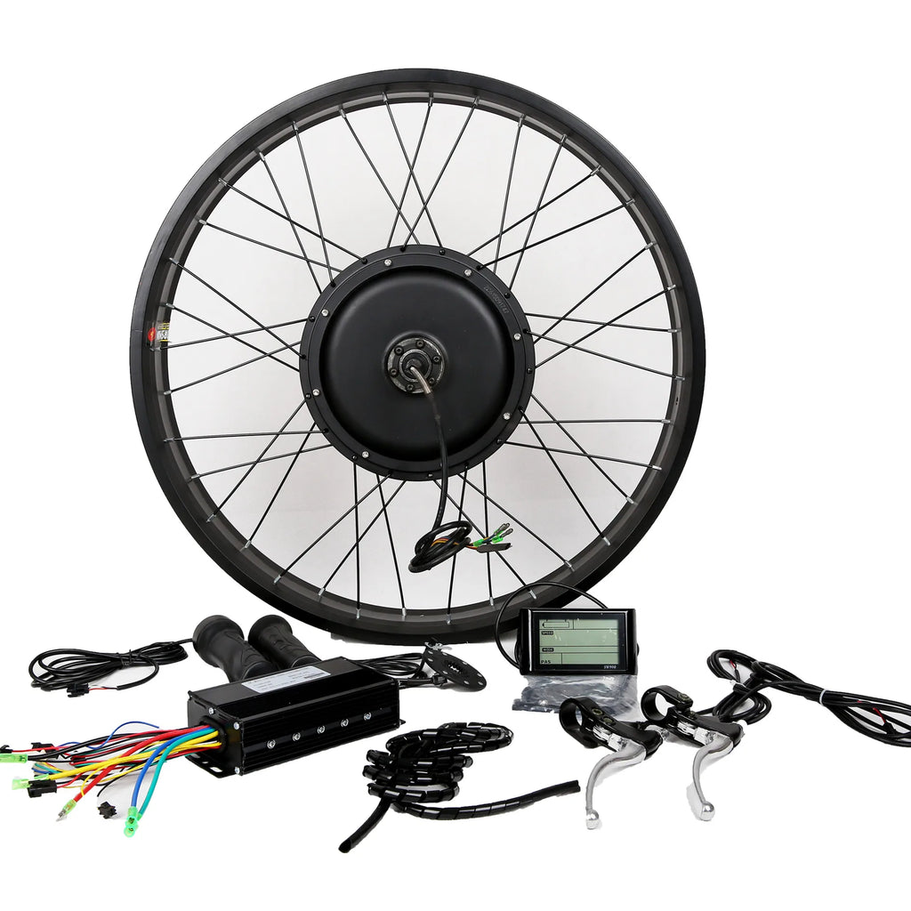 Black e-bike conversion kit featuring a motor wheel, controller, LCD screen, handlebar grips, and brake levers.