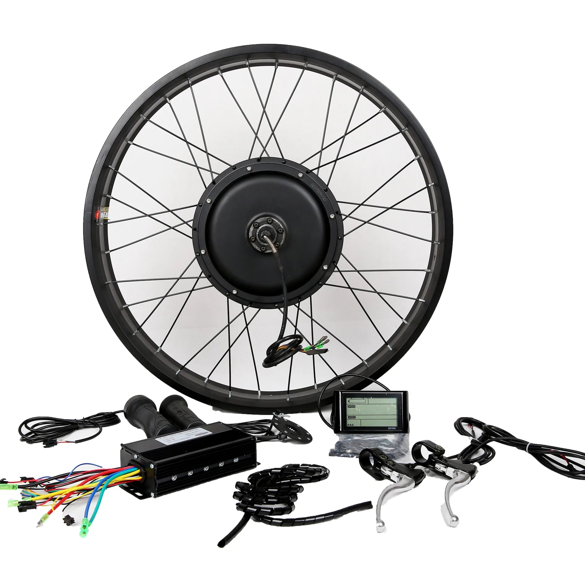 Black e-bike conversion kit featuring a motor wheel, controller, LCD screen, handlebar grips, and brake levers.